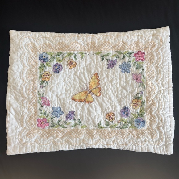 Handmade Quilted Cross Stitch Embroidered Butterfly & Floral Cotton Pillow Sham - Picture 15 of 15